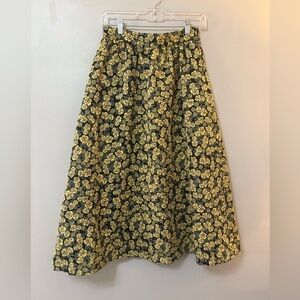 Anthropologie Black and Yellow Floral A-Line Skirt with Gathered Waist